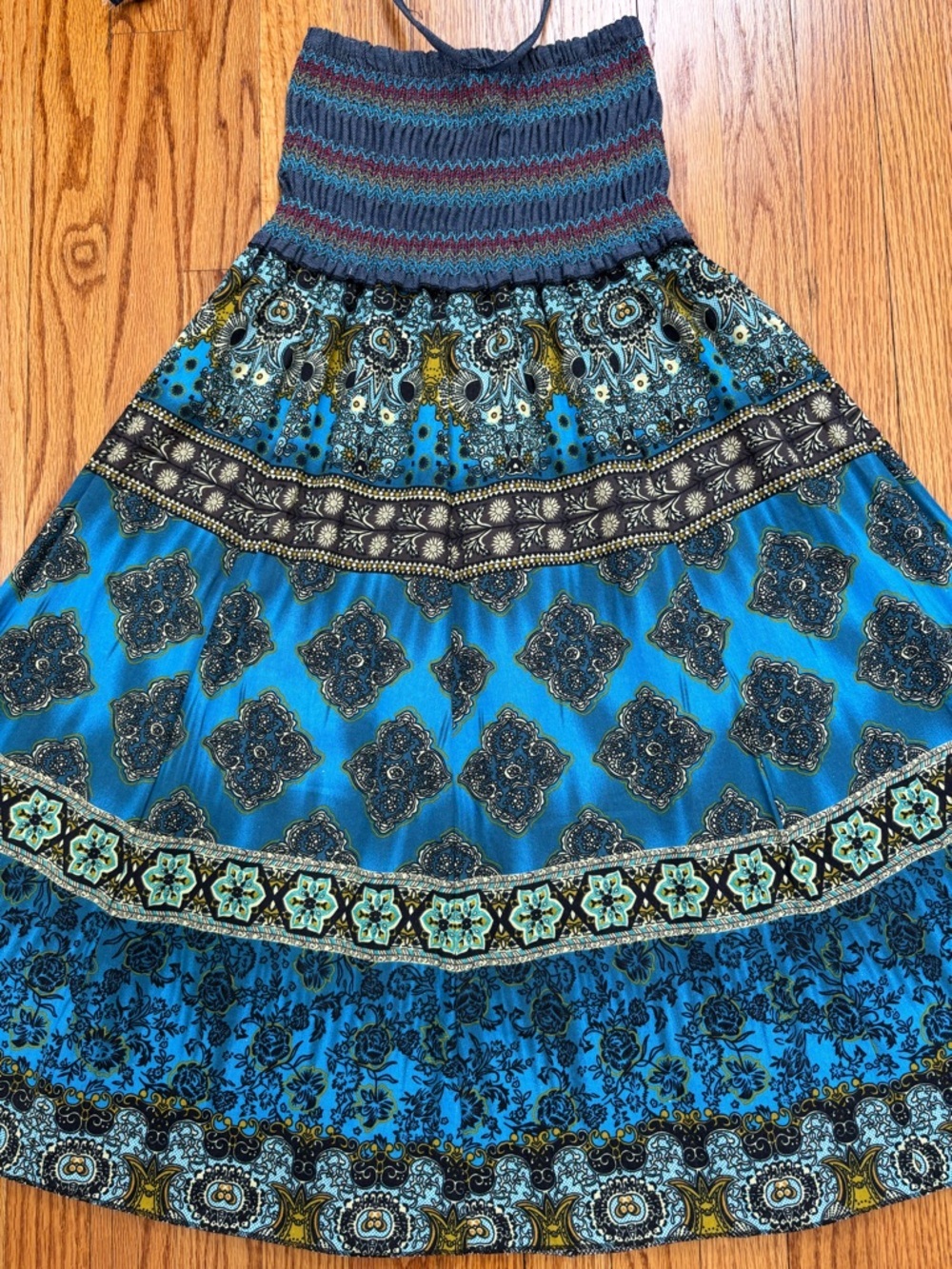 NEW Y2K boho cottage ethnic print smoked high rise pleated A-line Midi Skirt XS - Picture 16 of 16